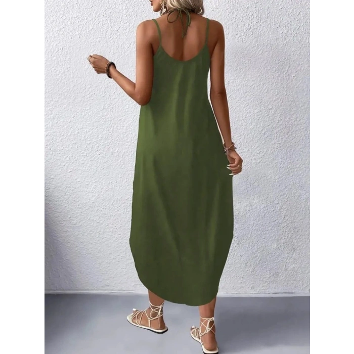 MARSiLYAN- Kadın Askılı V Yakalı Uzun Viskon Elbise