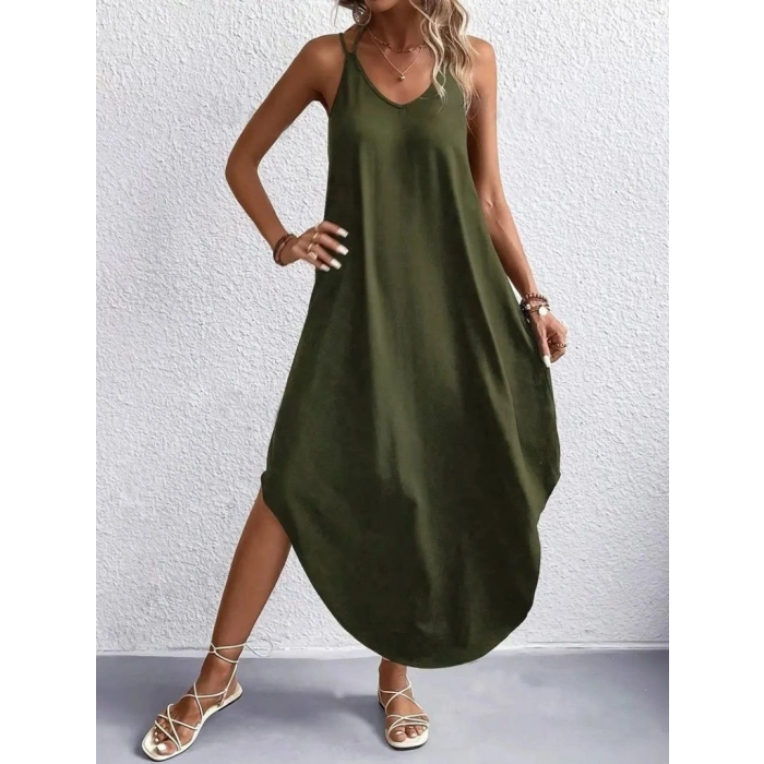 MARSiLYAN- Kadın Askılı V Yakalı Uzun Viskon Elbise