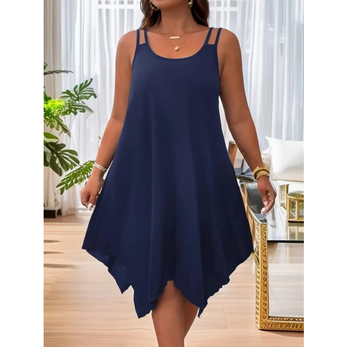 MARSiLYAN- Kadın Askılı Yuvarlak Asimetrik Kesim Detaylı Viskon Elbise