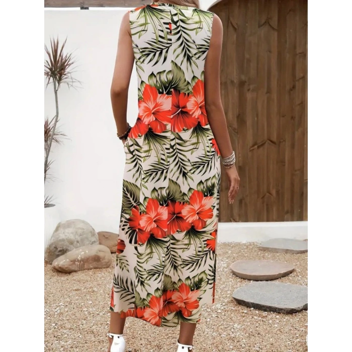 MARSiLYAN- Kadın Askılı Yuvarlak Yaka Cepli Desenli Süprem Elbise