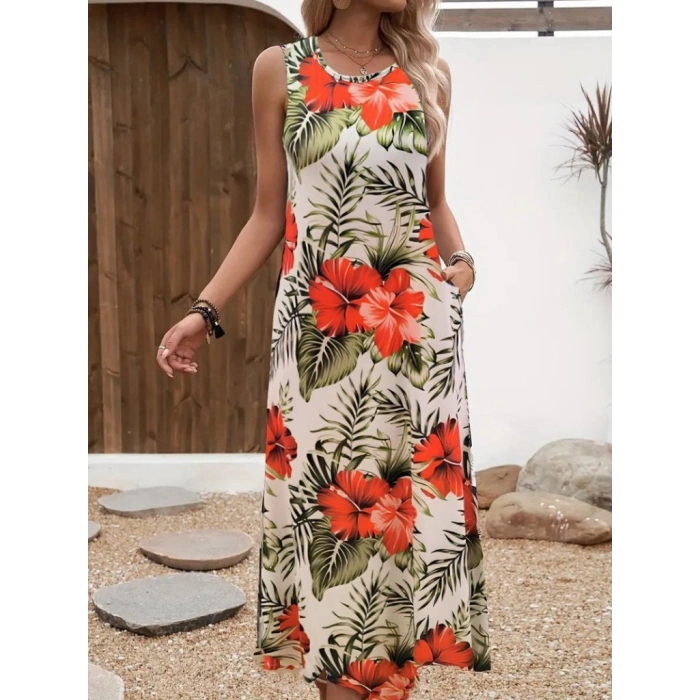 MARSiLYAN- Kadın Askılı Yuvarlak Yaka Cepli Desenli Süprem Elbise