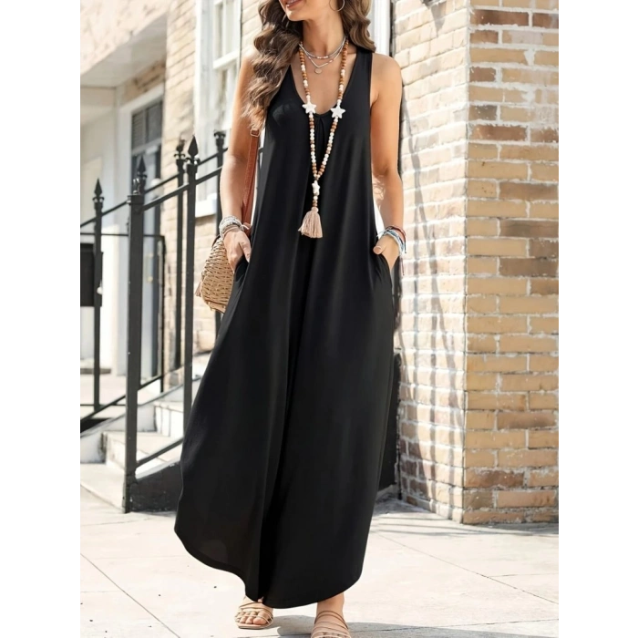 MARSiLYAN- Kadın Askılı Yuvarlak Yaka Cepli Salaş Uzun Viskon Tulum