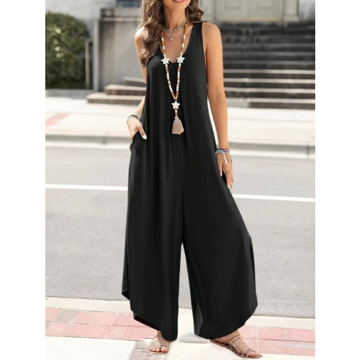 MARSiLYAN- Kadın Askılı Yuvarlak Yaka Cepli Salaş Uzun Viskon Tulum