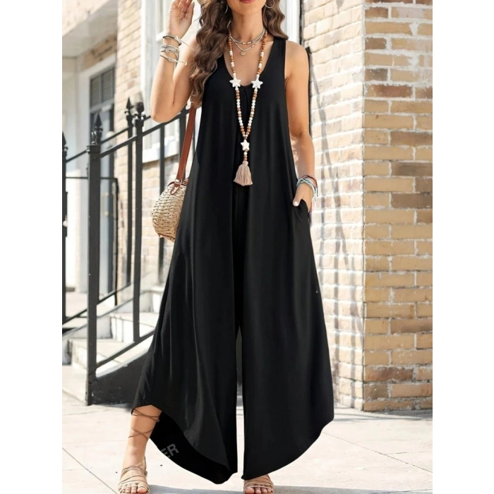 MARSiLYAN- Kadın Askılı Yuvarlak Yaka Cepli Salaş Uzun Viskon Tulum