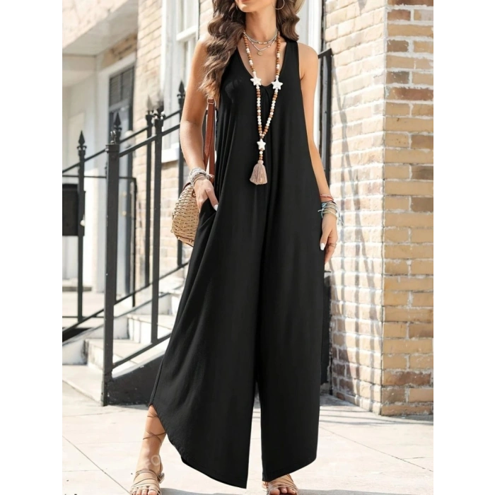 MARSiLYAN- Kadın Askılı Yuvarlak Yaka Cepli Salaş Uzun Viskon Tulum