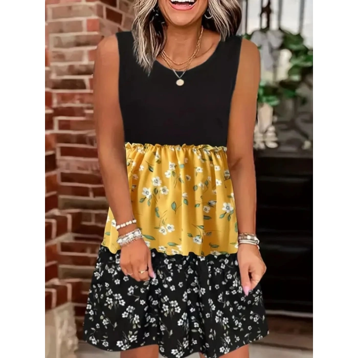 MARSiLYAN- Kadın Askılı Yuvarlak Yaka çiçek Baskılı Salaş Süprem Elbise