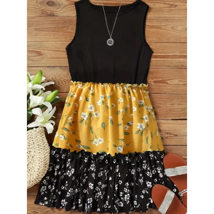 MARSiLYAN- Kadın Askılı Yuvarlak Yaka çiçek Baskılı Salaş Süprem Elbise