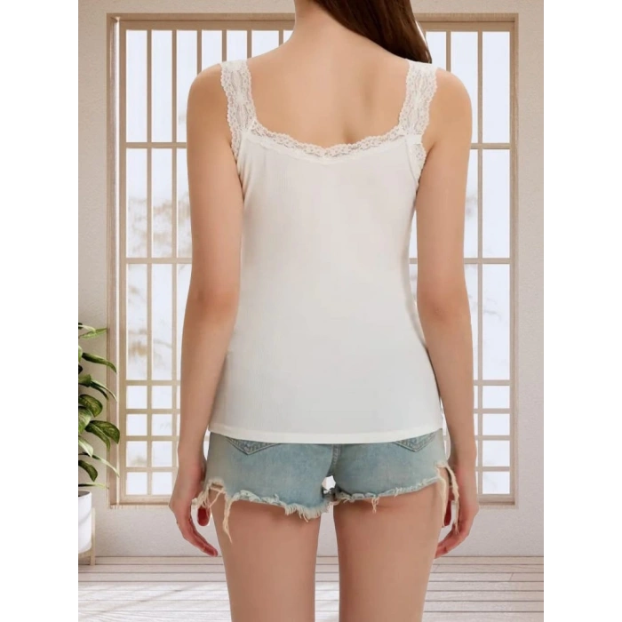 MARSiLYAN- Kadın Askılı Yuvarlak Yaka Dantel Detay Kaşkorse Bluz