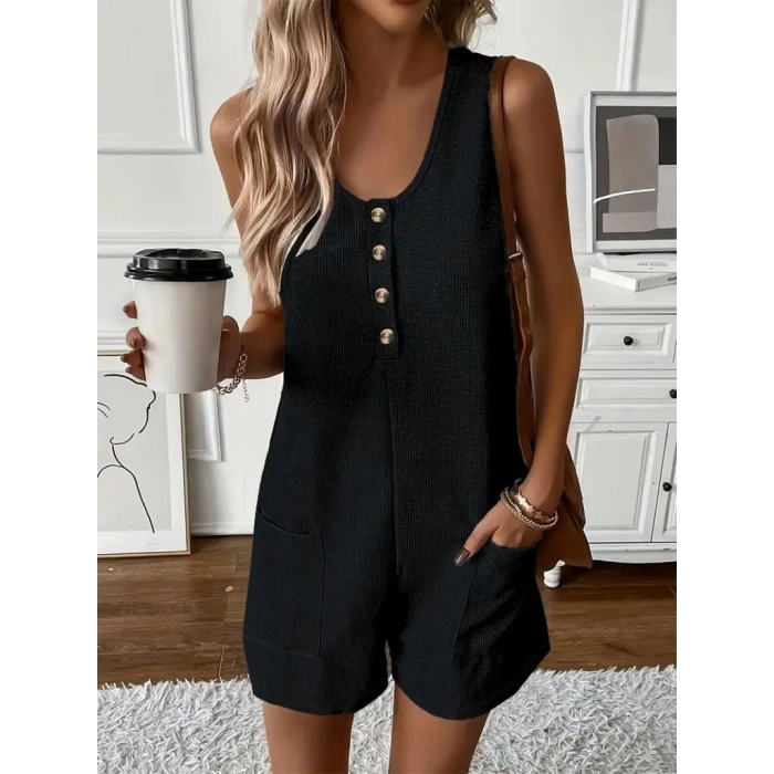 MARSiLYAN- Kadın Askılı Yuvarlak Yaka Düğmeli Waffle Kısa Tulum