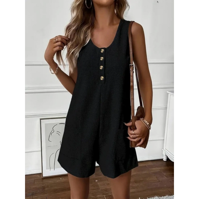 MARSiLYAN- Kadın Askılı Yuvarlak Yaka Düğmeli Waffle Kısa Tulum