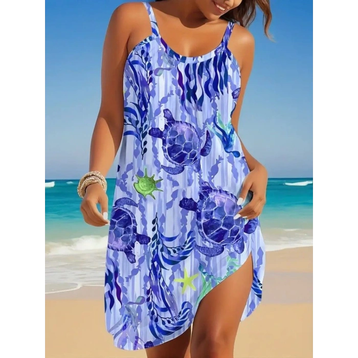 MARSiLYAN- Kadın Askılı Yuvarlak Yaka Kaplumbağa Desenli Süprem Elbise