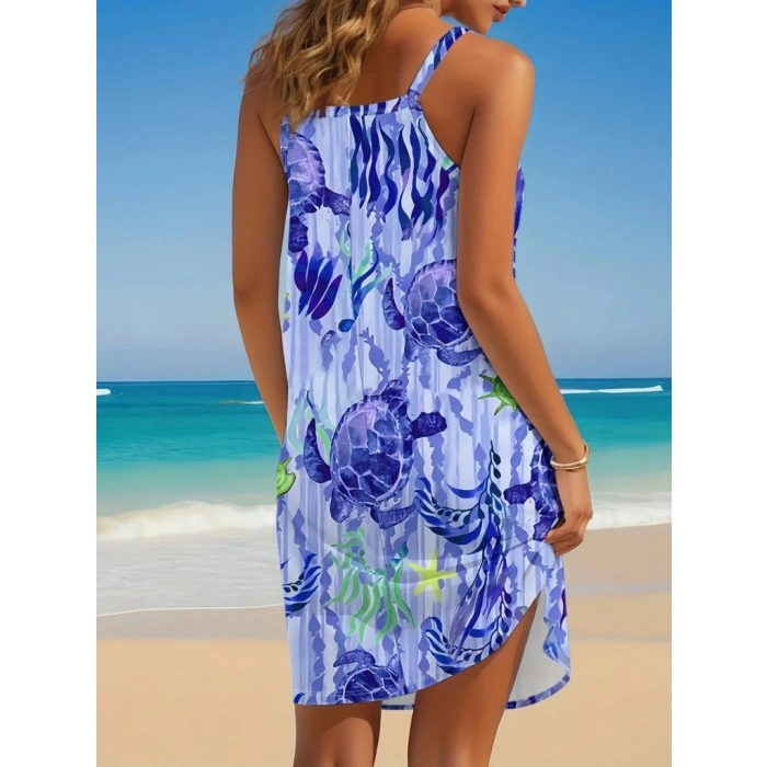 MARSiLYAN- Kadın Askılı Yuvarlak Yaka Kaplumbağa Desenli Süprem Elbise