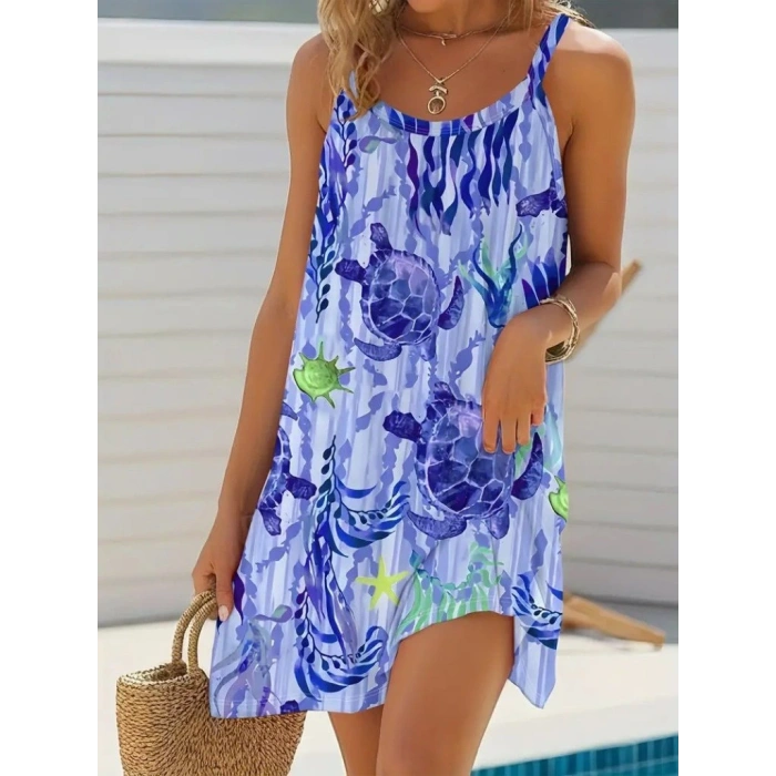 MARSiLYAN- Kadın Askılı Yuvarlak Yaka Kaplumbağa Desenli Süprem Elbise