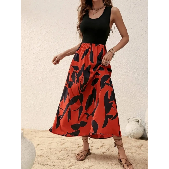 MARSiLYAN- Kadın Askılı Yuvarlak Yaka üst Viskon Alt Desenli Uzun Süprem Elbise