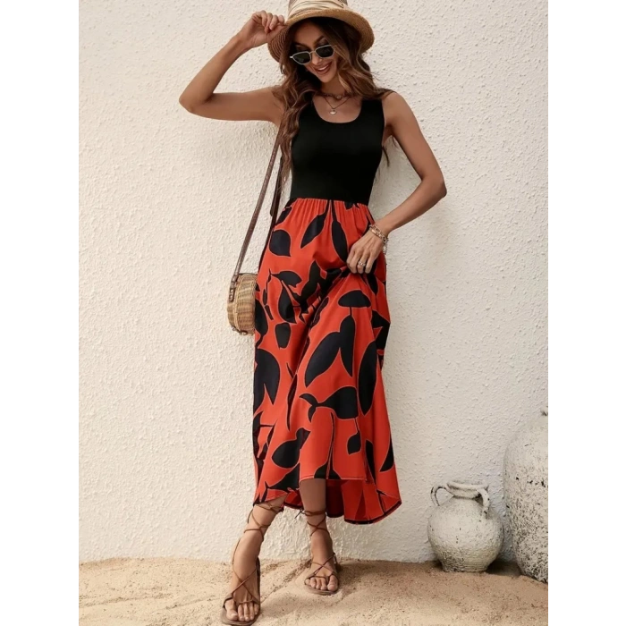 MARSiLYAN- Kadın Askılı Yuvarlak Yaka üst Viskon Alt Desenli Uzun Süprem Elbise