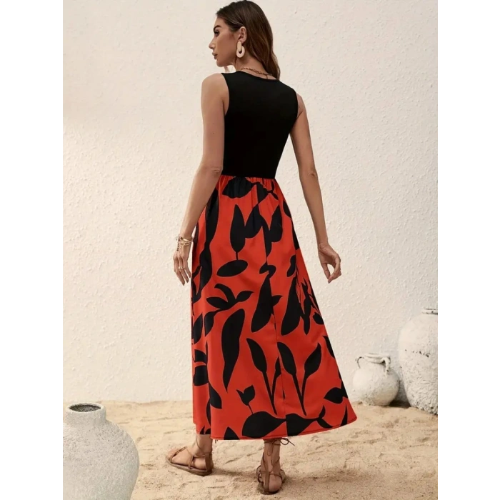 MARSiLYAN- Kadın Askılı Yuvarlak Yaka üst Viskon Alt Desenli Uzun Süprem Elbise