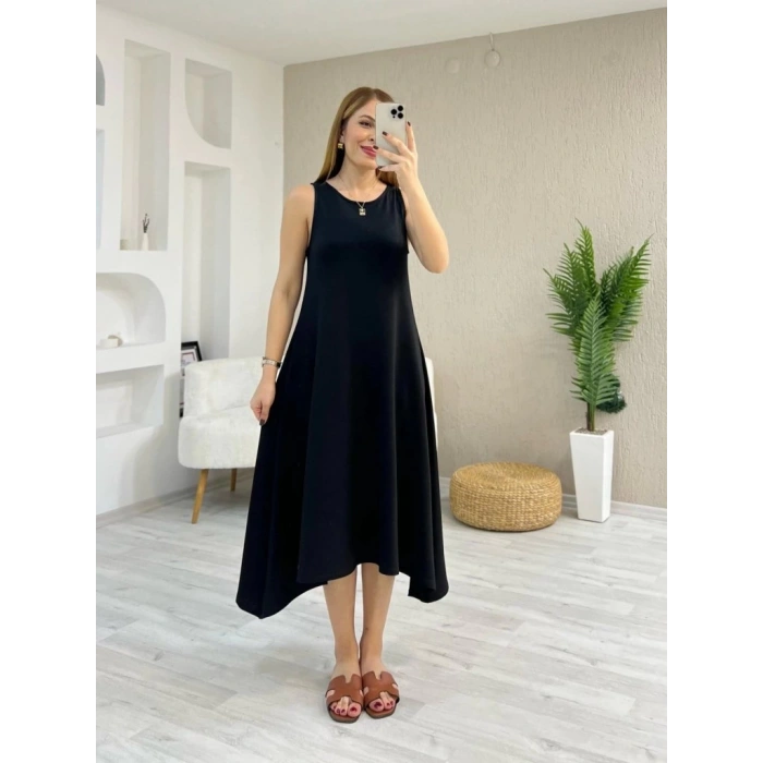 MARSiLYAN- Kadın Askılı Yuvarlak Yakalı Asimetrik Kesim Detaylı Viskon Elbise