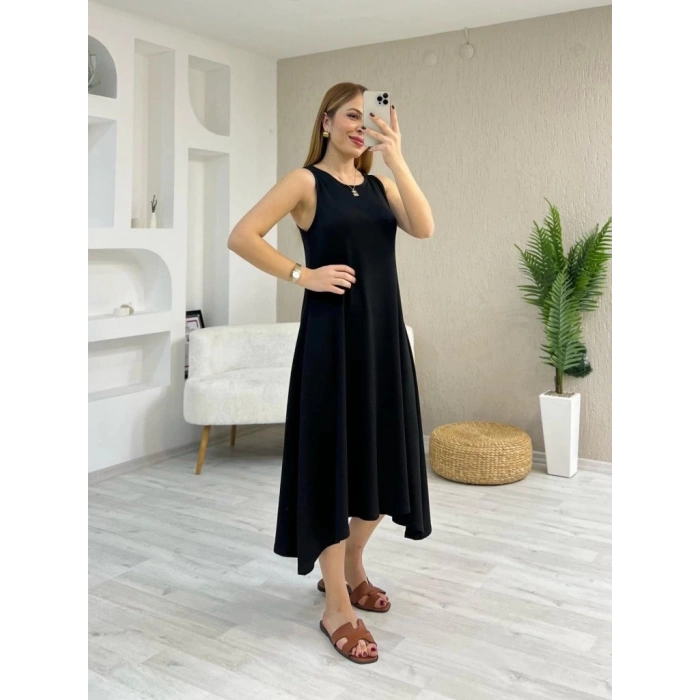 MARSiLYAN- Kadın Askılı Yuvarlak Yakalı Asimetrik Kesim Detaylı Viskon Elbise