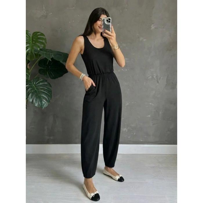 MARSiLYAN- Kadın Askılı Yuvarlak Yakalı Cepli Viskon Tulum