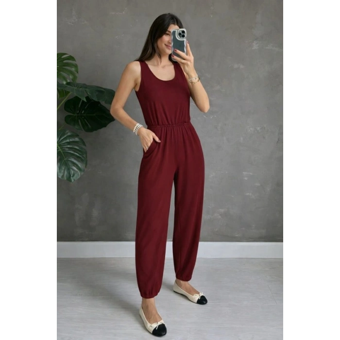 MARSiLYAN- Kadın Askılı Yuvarlak Yakalı Cepli Viskon Tulum