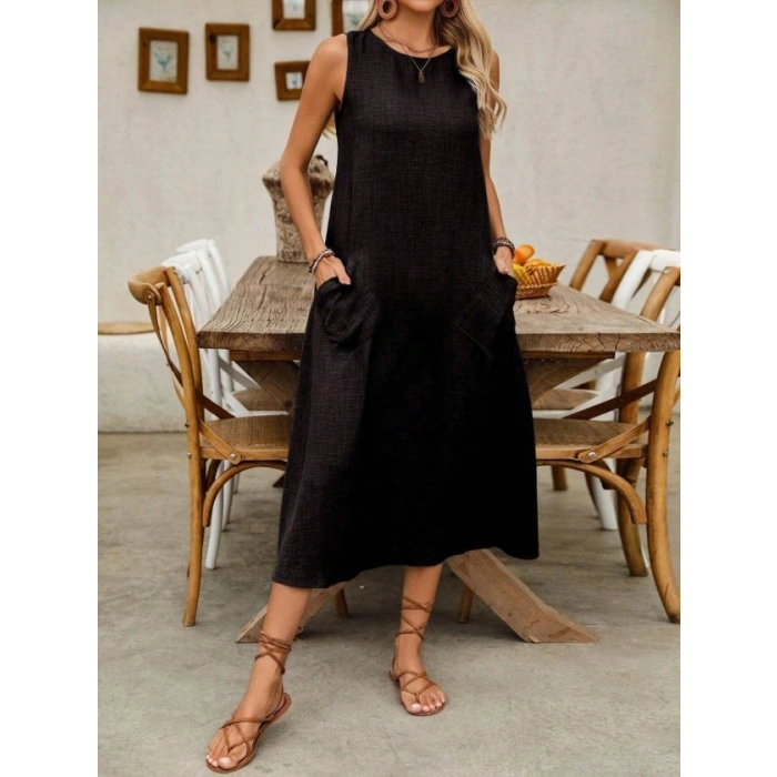 MARSiLYAN- Kadın Askılı Yuvarlak Yakalı Kıloş Cepli Uzun Elbise