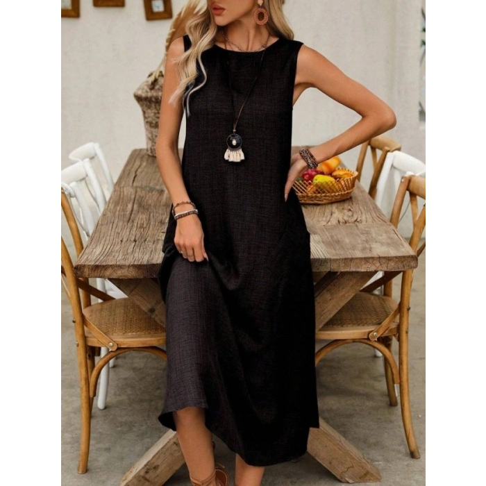 MARSiLYAN- Kadın Askılı Yuvarlak Yakalı Kıloş Cepli Uzun Elbise