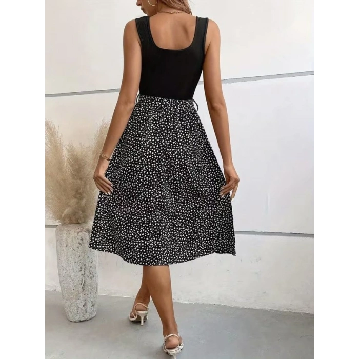 MARSiLYAN- Kadın Askılı Yuvarlak Yakalı üst Viskon Alt Süprem Kısa Elbise