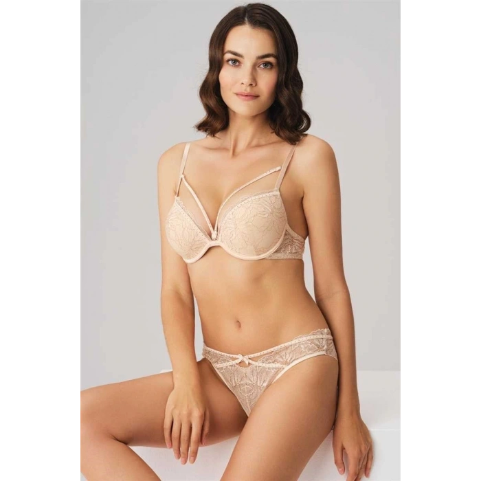 MARSiLYAN- Kadın Balenli Destekli Dolgulu Yaka Detaylı Taşlı Dantelli Sütyen ve String Takım (4830)