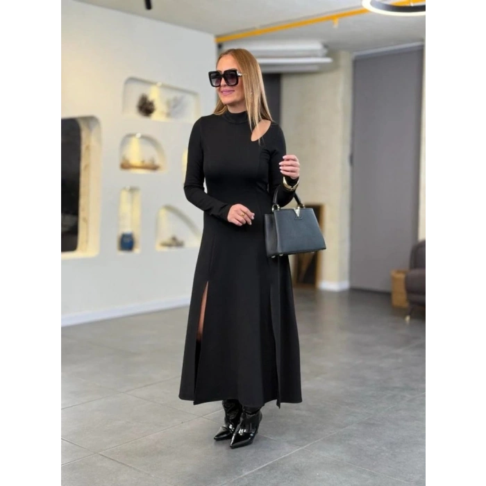 MARSiLYAN- Kadın Balıkçı Yaka Damla Detaylı Yırtmaçlı Uzun Viskon Iki Iplik Maxi Elbise