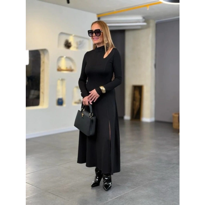 MARSiLYAN- Kadın Balıkçı Yaka Damla Detaylı Yırtmaçlı Uzun Viskon Iki Iplik Maxi Elbise