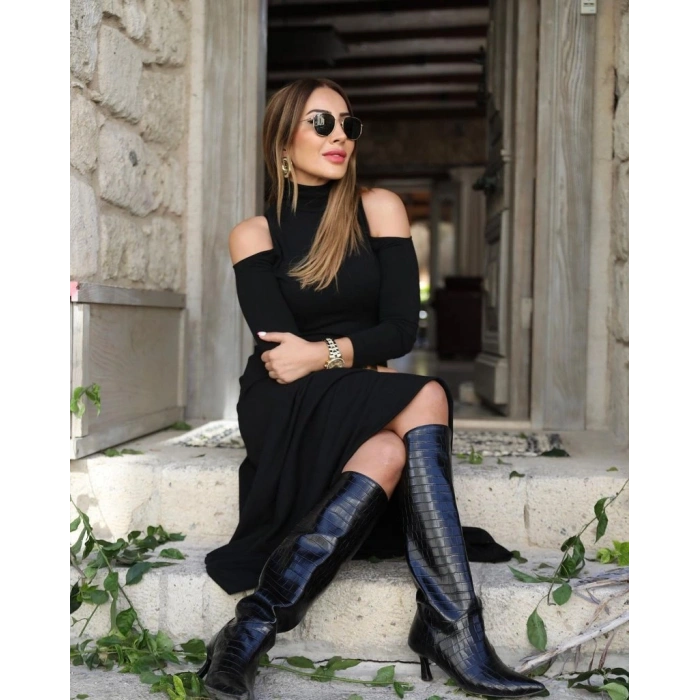 MARSiLYAN- Kadın Balıkçı Yaka Omuzlardan Açık Uzun Kollu Janjan Krep Elbise