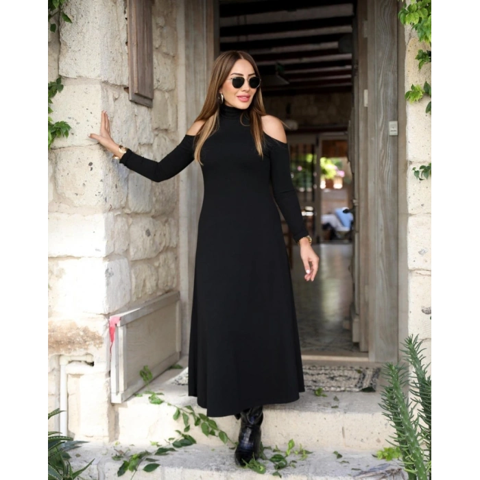 MARSiLYAN- Kadın Balıkçı Yaka Omuzlardan Açık Uzun Kollu Janjan Krep Elbise