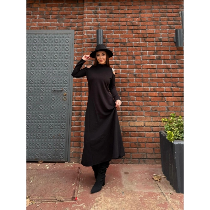 MARSiLYAN- Kadın Balıkçı Yaka Omuzlardan Açık Uzun Kollu Janjan Krep Elbise