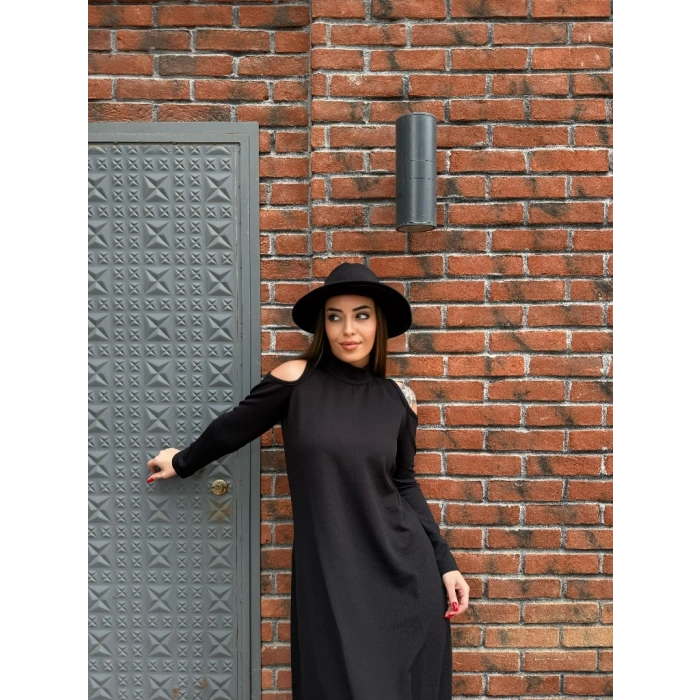 MARSiLYAN- Kadın Balıkçı Yaka Omuzlardan Açık Uzun Kollu Janjan Krep Elbise