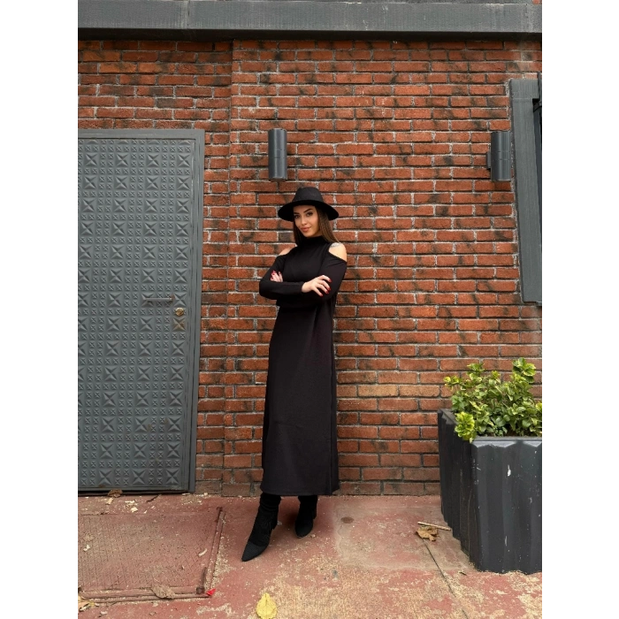 MARSiLYAN- Kadın Balıkçı Yaka Omuzlardan Açık Uzun Kollu Janjan Krep Elbise