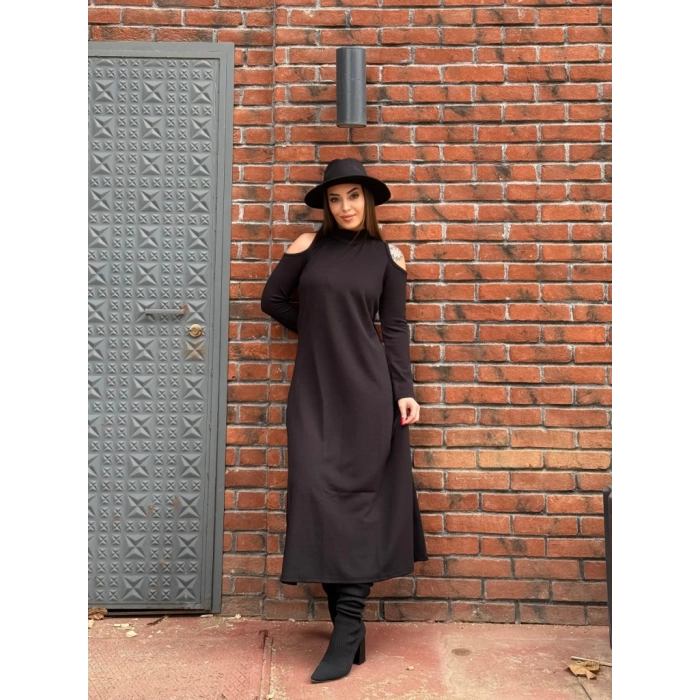 MARSiLYAN- Kadın Balıkçı Yaka Omuzlardan Açık Uzun Kollu Janjan Krep Elbise