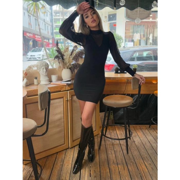 MARSiLYAN- Kadın Balıkçı Yaka Transparan Detay Fırsat ürün Sandy Kumaş Mini Elbise