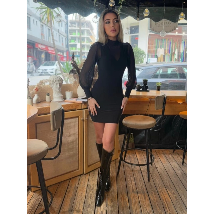 MARSiLYAN- Kadın Balıkçı Yaka Transparan Detay Fırsat ürün Sandy Kumaş Mini Elbise