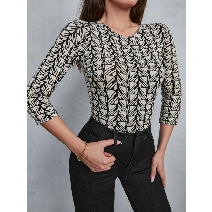 MARSiLYAN- Kadın Baskılı Bisiklet Yaka Bluz