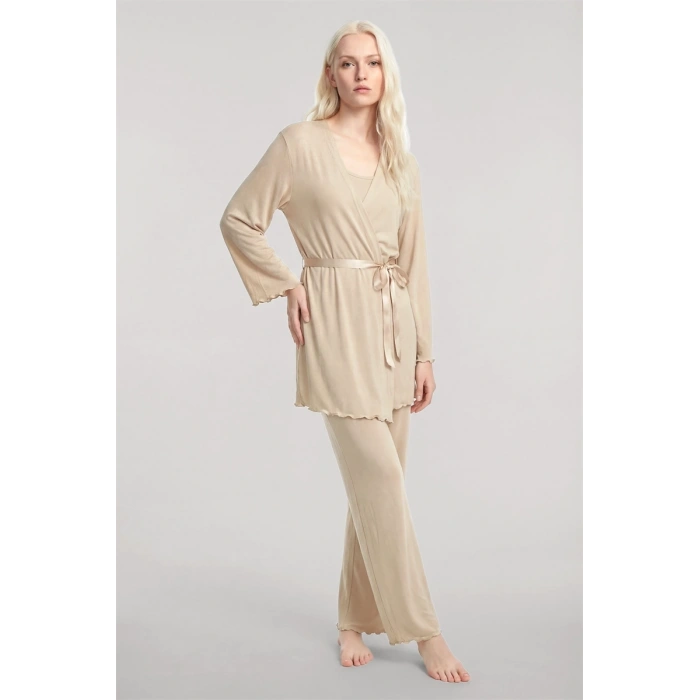 MARSiLYAN- Kadın Bej Kısa Kimono 3’lü Takım Yumuşak Dokulu Şık Rahat Ev Giyim Seti