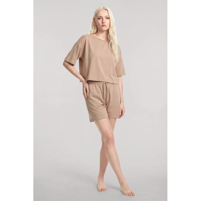 MARSiLYAN- Kadın Bej Kısa Kollu Şortlu Pijama Takımı Rahat Yumuşak Dokulu Ev Giyim Seti