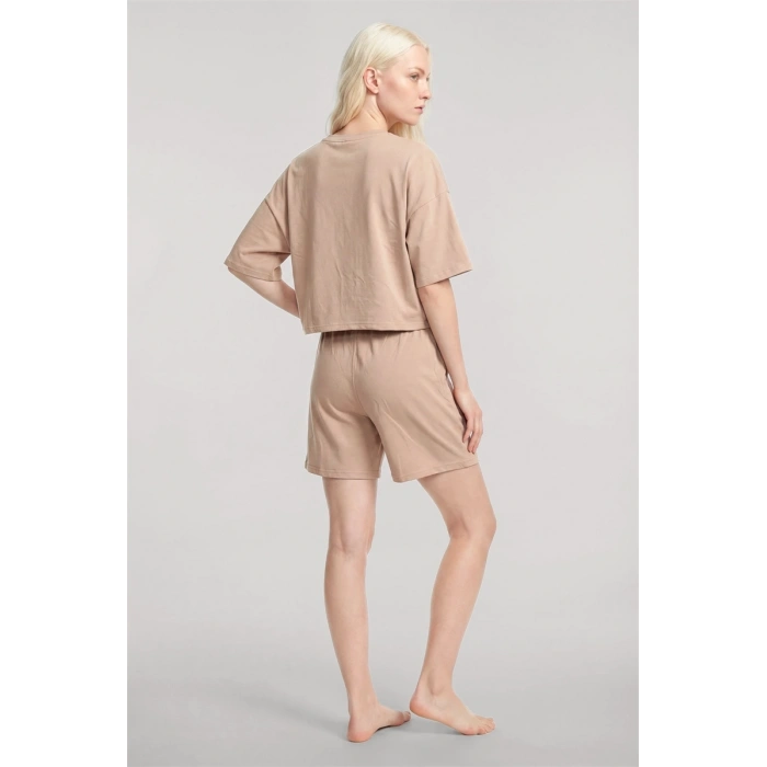 MARSiLYAN- Kadın Bej Kısa Kollu Şortlu Pijama Takımı Rahat Yumuşak Dokulu Ev Giyim Seti