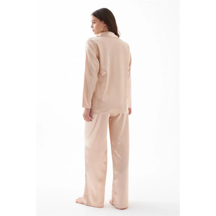 MARSiLYAN- Kadın Bej Oversize Saten Pijama Takımı – Rahat Kesim Şık Ev Giyim Seti