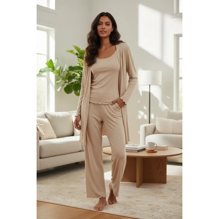 MARSiLYAN- Kadın Bej Yumuşak Dokulu Dökümlü Kısa Kimono Şık ve Rahat Ev Giyim