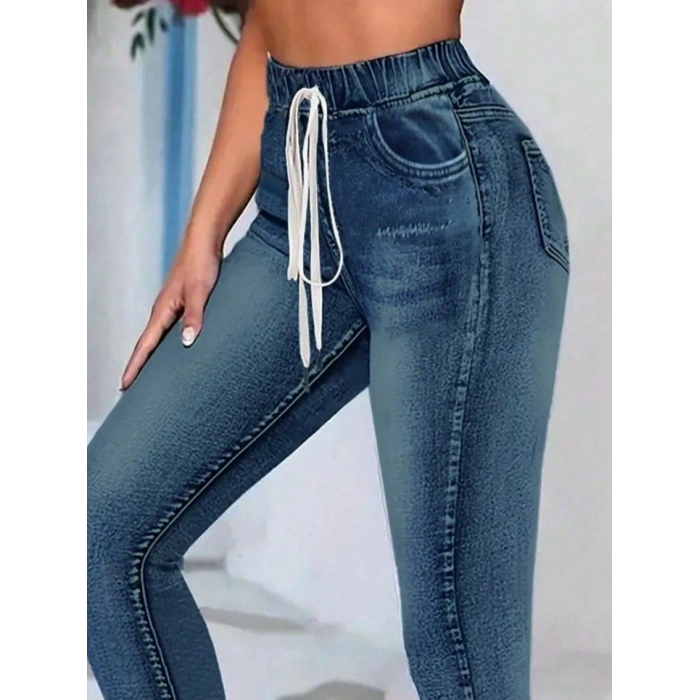 MARSiLYAN- Kadın Belden Bağlamalı Cepli Yüksek Bel Kot Pantolon