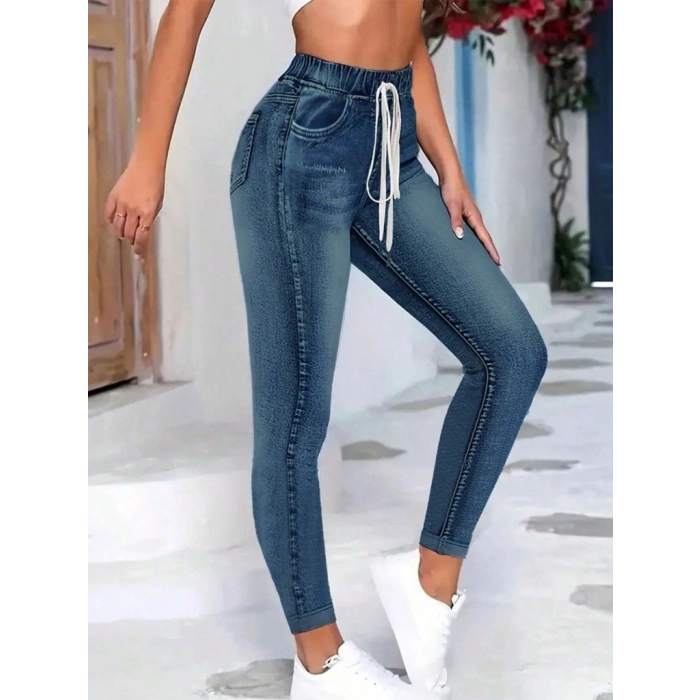 MARSiLYAN- Kadın Belden Bağlamalı Cepli Yüksek Bel Kot Pantolon