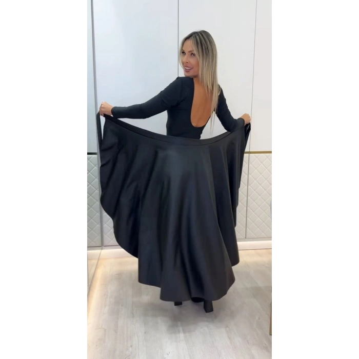 MARSiLYAN- Kadın Belden Kuşaklı Uzun Deri Etek