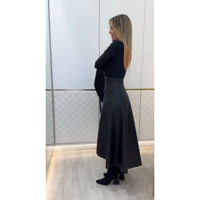 MARSiLYAN- Kadın Belden Kuşaklı Uzun Deri Etek