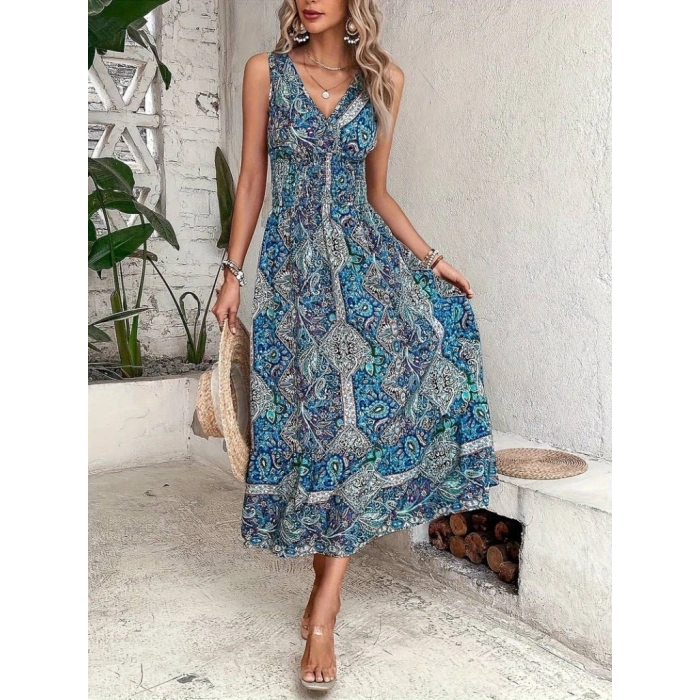 MARSiLYAN- Kadın Beli Gipeli Etnik Desen Sıfır Kol Süprem Elbise