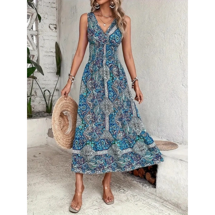 MARSiLYAN- Kadın Beli Gipeli Etnik Desen Sıfır Kol Süprem Elbise